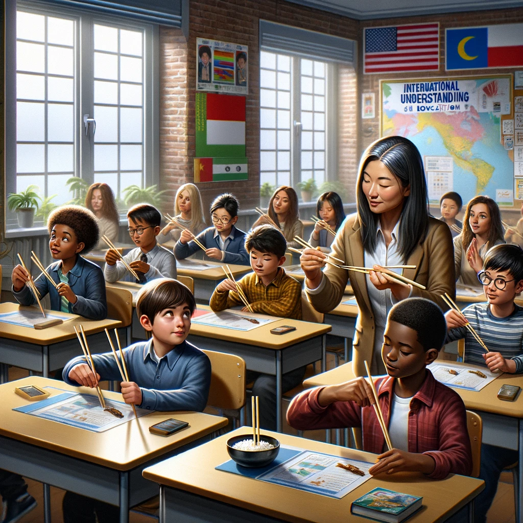 A photorealistic illustration depicting a program in a school as part of international understanding education, where students are being taught how to use chopsticks. The setting is a classroom with diverse students of different descents including Asian, Caucasian, Black, and Hispanic, all focused on learning. A teacher, Asian in descent, is demonstrating the correct way to hold and use chopsticks. The students are engaged, some trying to follow the teacher's instructions, while others are looking curiously at their own chopsticks. The classroom is decorated with educational posters about different cultures.