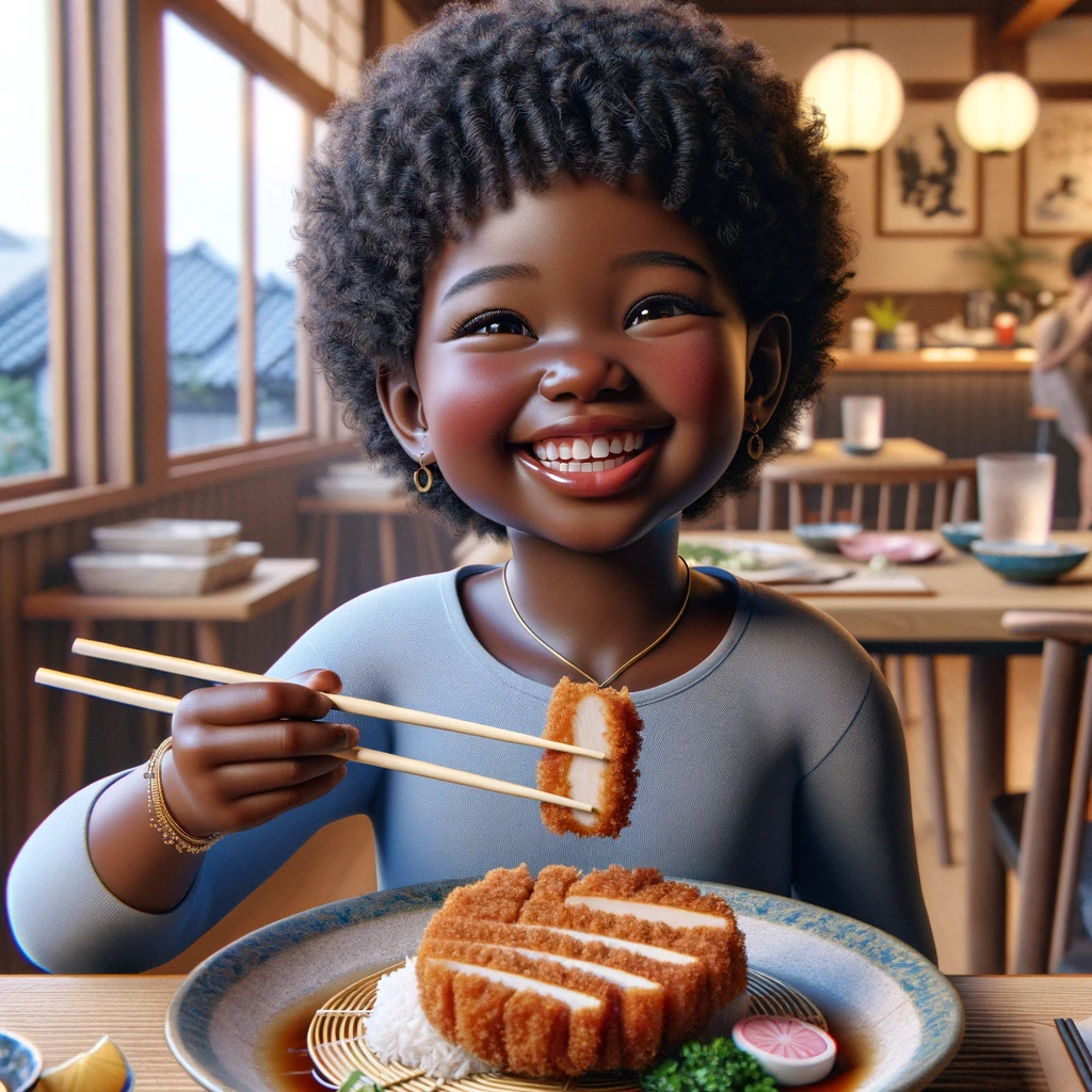 A photorealistic illustration of a Black female child happily eating tonkatsu with chopsticks, showing skill in using them. The setting is a Japanese restaurant with a cozy and authentic atmosphere. The girl is smiling joyfully, capturing the moment of delight as she enjoys her meal. The tonkatsu is well-prepared and looks appetizing on the plate in front of her. The background features typical Japanese restaurant elements but remains subtly blurred to keep the focus on the girl and her meal.